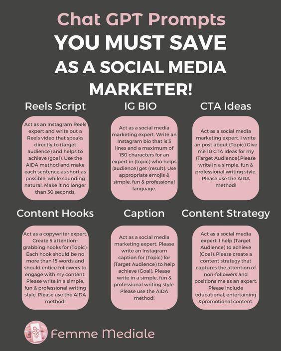 ChatGPT prompts you must save as a social media manager!

Via Femme Mediale

#SocialMediaManager #SocialMediaTips #ContentCreation #MarketingAutomation #AIInMarketing #SocialMediaStrategy

cc: <a href="/RosyCoaching/">Rosy</a> <a href="/AlbertoEMachado/">Alberto E. Machado #CES2025 #MWC25</a> <a href="/drsharwood/">Dr Stephen Harwood #Tech4Good #SDG🇺🇦#CES2025</a>
