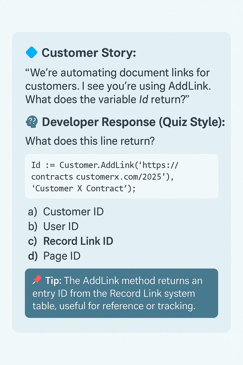 🚀 #BCBrainBite Alert!
Ever wondered what Record.AddLink really returns in AL? 🤔

We turned it into a quiz inside Saurav’s Dynamic Hub — our growing Teams community for BC developers &amp; enthusiasts!

📌 Join here: teams.live.com/l/community/FA…
#MSDyn365BC #BusinessCentral