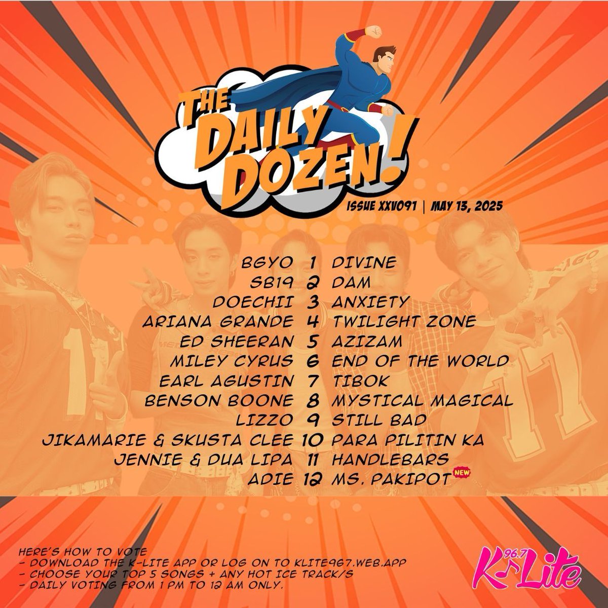 klite967fm's tweet photo. BGYO just blessed the charts with #Divine at #1☁️ But plot twist: Adie just soft-launched #MsPakipot into the countdown and it’s already giving ✨chokehold✨ potential! #TheDailyDozen https://t.co/l6PjDH2V2Y