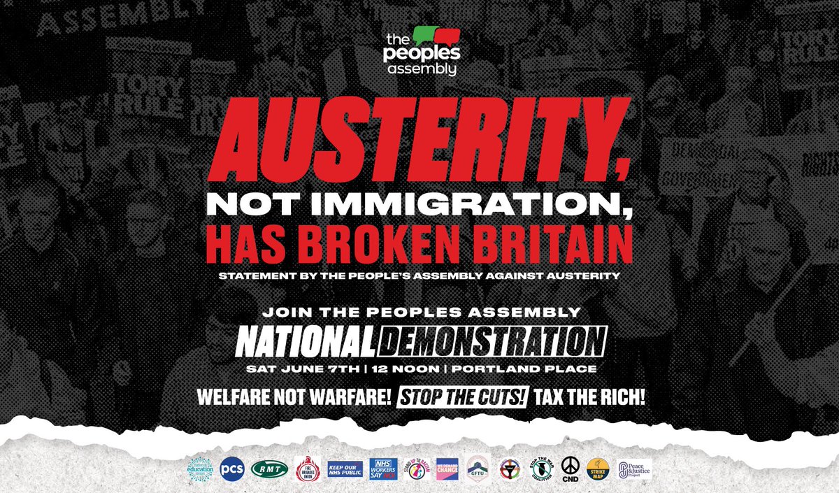 peepsassemblene's tweet image. People’s Assembly National Demonstration - Saturday 7th June, central London 

#WelfareNotWarfare
#StopTheCuts 
#TaxTheRich 

All the details here: thepeoplesassembly.org.uk

See you on the streets!