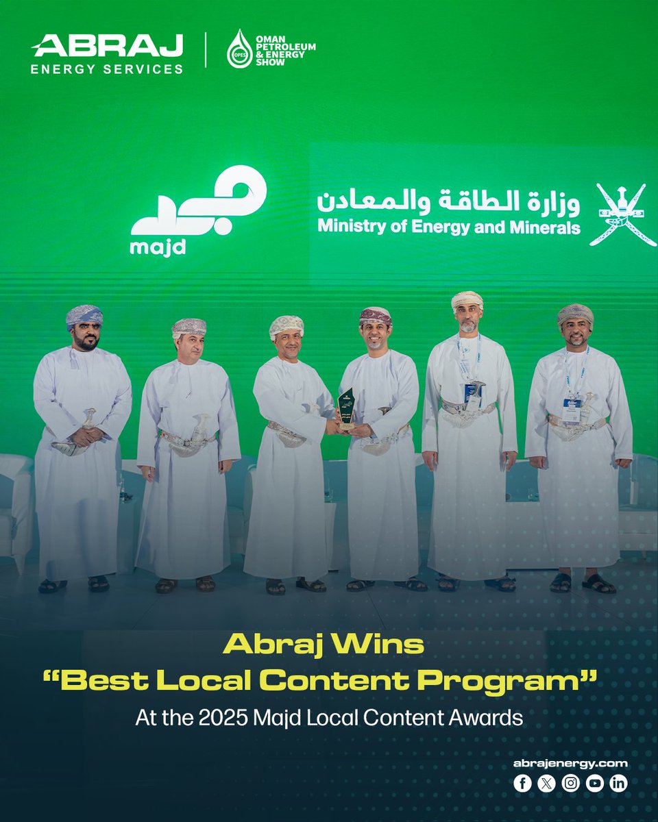 We at #Abraj_Energy_Services are proud to have received the “Best Local Content Program” award at the 2025 Majd Local Content Awards.

This recognition is a testament to our ongoing efforts and commitment to supporting the national economy by empowering and enabling SMEs.

We