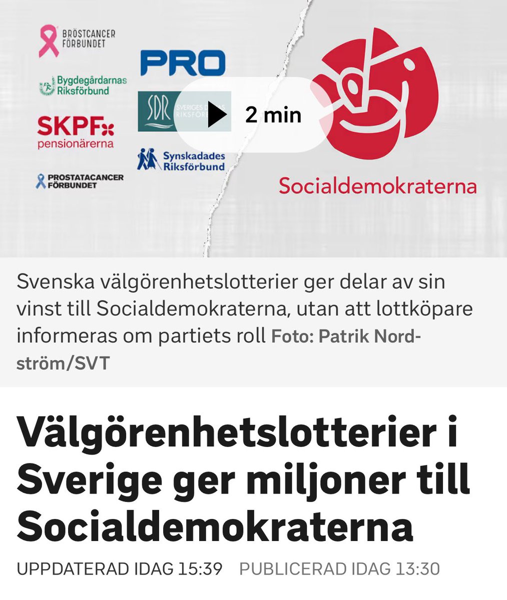 Edward_Norden_'s tweet image. Att den som köper en lott från Synskadades-Bröstcancer-Prostatacancerförbunden eller ovetandes ger överskottet till Socialdemokraterna och SSU är så jävla oetiskt och illa att man undrar hur det står till i Sveriges största (!) parti.
Det här är ett återkommande sjukdomstecken.
