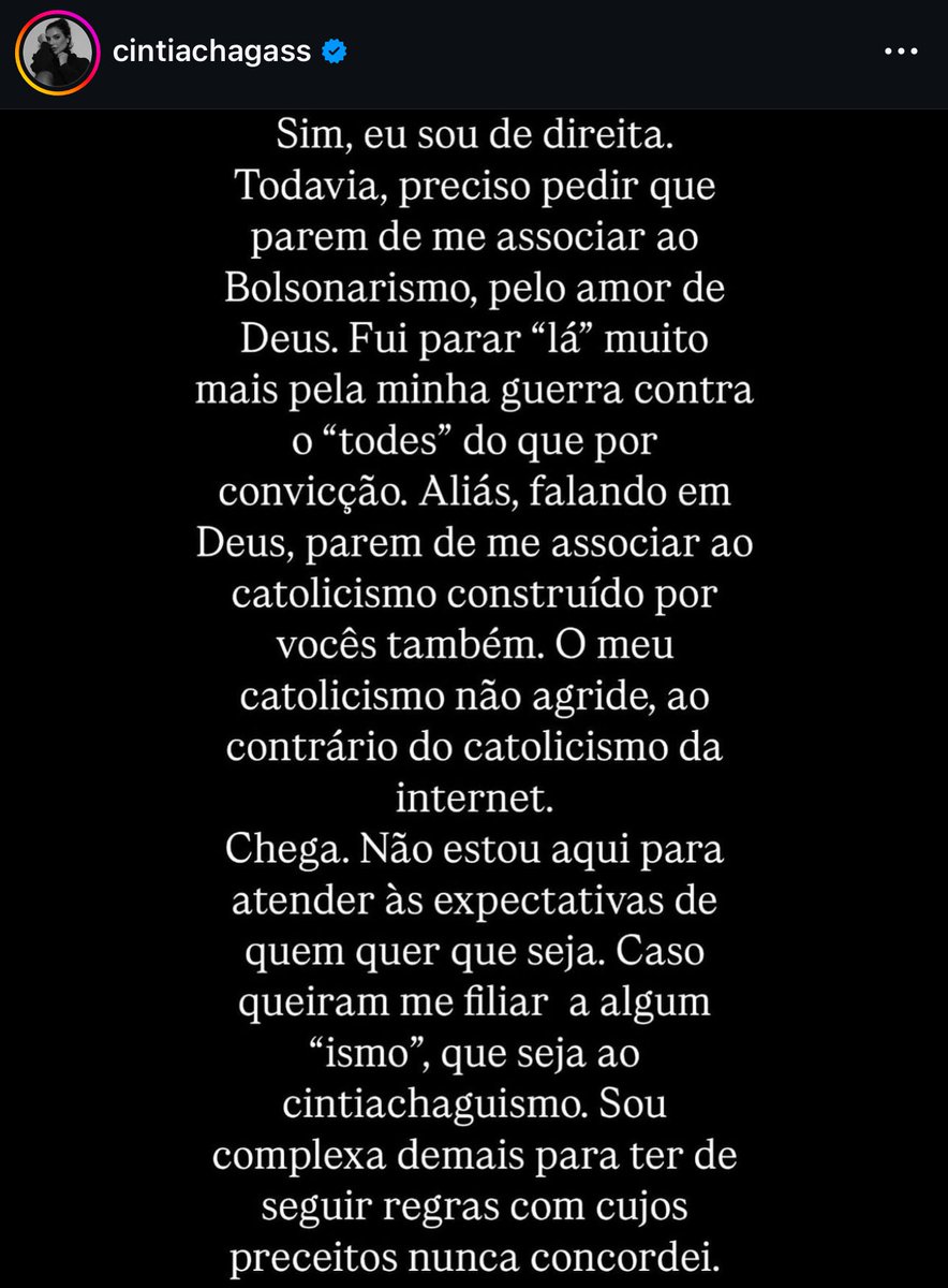 Cintia Chagas, se foi "parar lá só por causa do todes", pq não deu essa declaração à época? Mas não. Preferiu surfar na onda Bolsonarista para ser famosa. E vc não acha que é muita soberba  achar que seu catolicismo é o melhor? 🤢