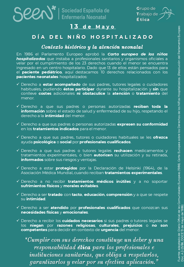 Hoy, desde la SEEN celebramos el Día del Niño Hospitalizado, con una nueva infografía realizada por el #GTÉticaSEEN
seenenfermeria.com/blog/13-mayo-d…