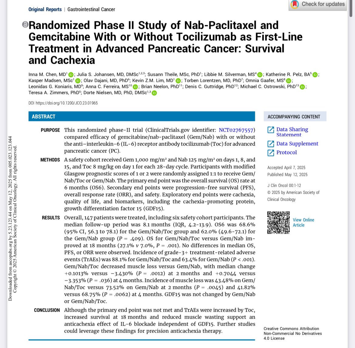 Erman Akkus (@erman_akkus) on Twitter photo 💉Gemcitabine-nabpaclitaxel with or without tocilizumab in 1L treatment of advanced pancreatic cancer
<a href="/JCO_ASCO/">Journal of Clinical Oncology</a>
❌ORR: 37.1% vs 35.2%
❌mPFS: 5.6 vs 5.5 mo
❌mOS: 8.4 vs 8 mo
✅18mo-OS: 27.1% vs 7%
✅Muscle loss: 43.4% vs 73.5%
⁉️IL-6 modulation for cachexia 💉Gemcitabine-nabpaclitaxel with or without tocilizumab in 1L treatment of advanced pancreatic cancer
<a href="/JCO_ASCO/">Journal of Clinical Oncology</a>
❌ORR: 37.1% vs 35.2%
❌mPFS: 5.6 vs 5.5 mo
❌mOS: 8.4 vs 8 mo
✅18mo-OS: 27.1% vs 7%
✅Muscle loss: 43.4% vs 73.5%
⁉️IL-6 modulation for cachexia