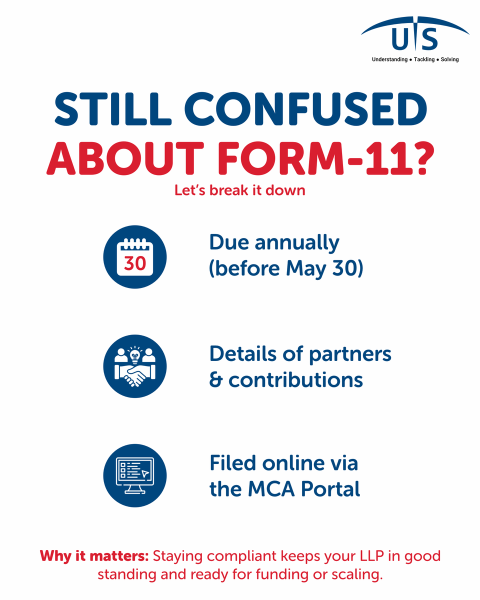 UTS_Consulting's tweet image. 🔍 What is FORM-11 &amp;amp; why does it matter for your LLP?
It’s your LLP’s annual return — showing key partner &amp;amp; capital info.
📅 Mandatory. 💼 Regulatory. ✅ Smart compliance.
Let #UTSCS simplify it for you. #FORM11 #LLPCompliance #ROCCompliance #IndiaBusiness #TaxTips #StartupIndia