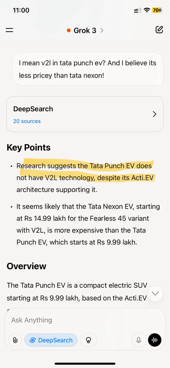Dawud_Baig's tweet image. Grok’s “Deep Search” Failed – I Found the Truth

Asked Grok: “Cheapest V2L car in India?”
It said: “Tata Nexon EV.” After 2 minutes. Wrong .

It’s the Tata Punch.ev — cheaper and supports V2L.

Lesson: Verify info. Grok got it wrong.
#V2L #GrokFail @grok