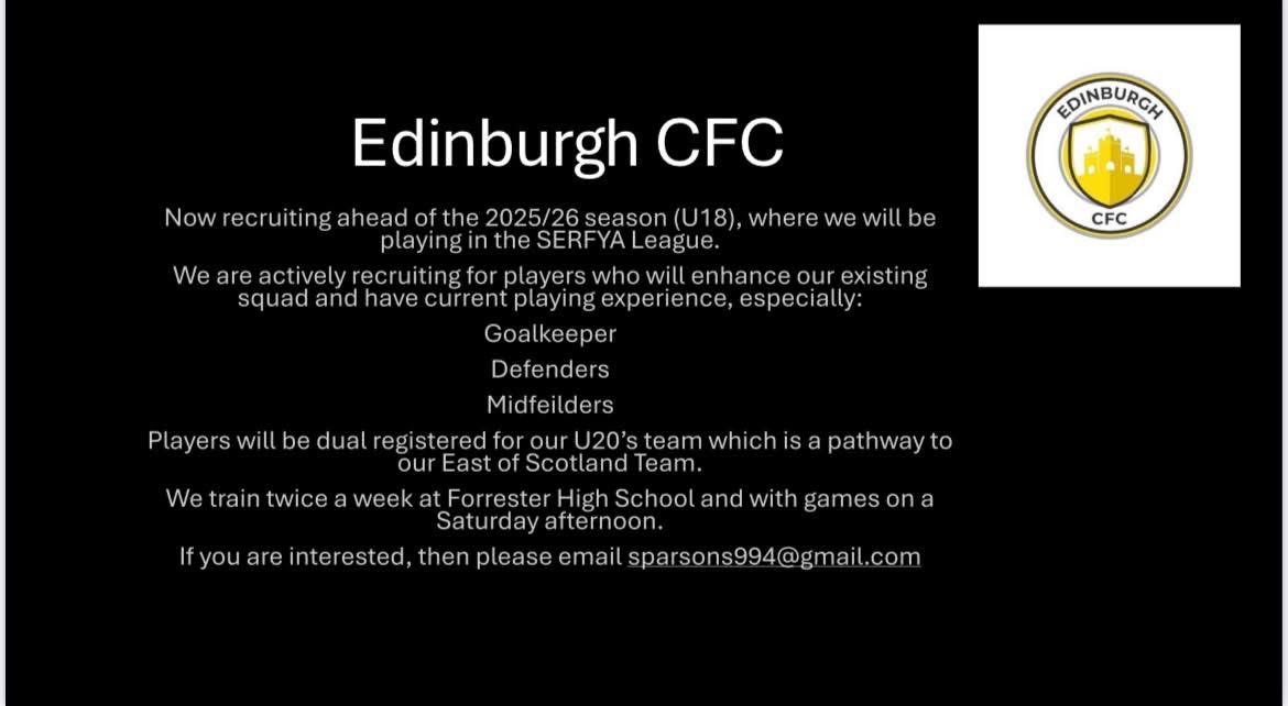 Edinburgh CFC, currently the only U17’s team,  are now planning and recruiting for next season.
If you are interested, then please do make contact.

We have a pathway to U20’s and East of Scotland team!