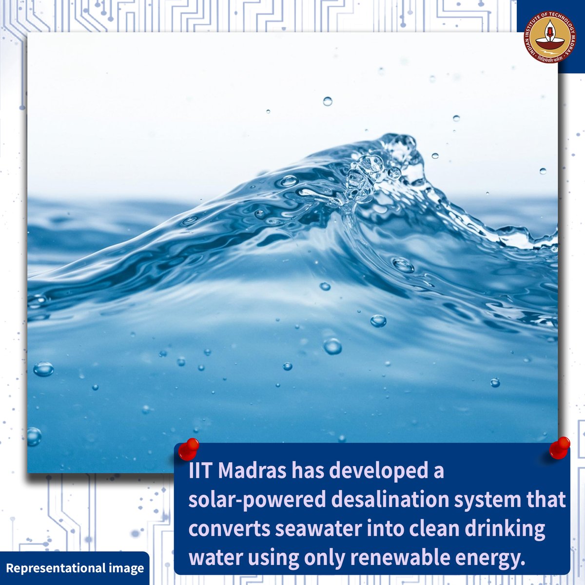 iitmadras's tweet photo. #TechTuesday Researchers at IIT Madras have developed a solar-powered desalination system that converts seawater into drinking water without using fossil fuels - ideal for remote and coastal regions facing water scarcity.
Developed by Mr. Thilagan K, Dr. Advaith S, and Prof. Mani A from the Refrigeration and Air Conditioning Lab, @iitmadras. The system uses solar thermal and PV energy and has been successfully deployed at Vivekananda Kendra, Kanyakumari, drawing seawater from the Gulf of Mannar.
It includes:
A flash chamber and 4-effect evaporator (titanium tubes)
Condenser-ejector system
315 flat plate solar collectors (70°C)
20kW solar PV with battery backup
Offshore seawater intake system
A simulation model (TRNSYS-MATLAB) helped optimise the design. The system achieved 300 kg/hour distillate output and can run 24/7 with storage.
This indigenous, off-grid solution holds great promise for sustainable clean water access across India.
Read the full Paper 1 here: https://t.co/KhtrWmIF0W.
Read the full Paper 2 here: https://t.co/gSSXbsPHuh.
#IITMadras #WaterInnovation #SolarPower #Desalination #Sustainability