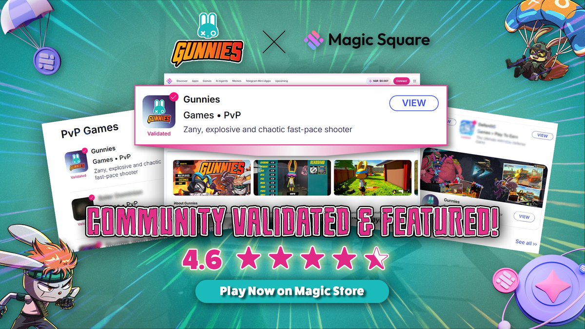 Gunnies (@gunniesxp) on Twitter photo 🐰 Gunnies is Now Validated on Magic Square Magic Store! 💥🎉
Play now 👇
magicsquare.io/store/app/gunn…
Gunnies has officially passed community validator review on <a href="/MagicSquareio/">Magic Square</a>'s <a href="/MagicStoreWeb3/">Magic Store</a> and the results are 🔥:
🌟 User Score: 5/5
✅ Validation Score: 4.6/5
🗳️ 92% Voted YES 🐰 Gunnies is Now Validated on Magic Square Magic Store! 💥🎉
Play now 👇
magicsquare.io/store/app/gunn…
Gunnies has officially passed community validator review on <a href="/MagicSquareio/">Magic Square</a>'s <a href="/MagicStoreWeb3/">Magic Store</a> and the results are 🔥:
🌟 User Score: 5/5
✅ Validation Score: 4.6/5
🗳️ 92% Voted YES