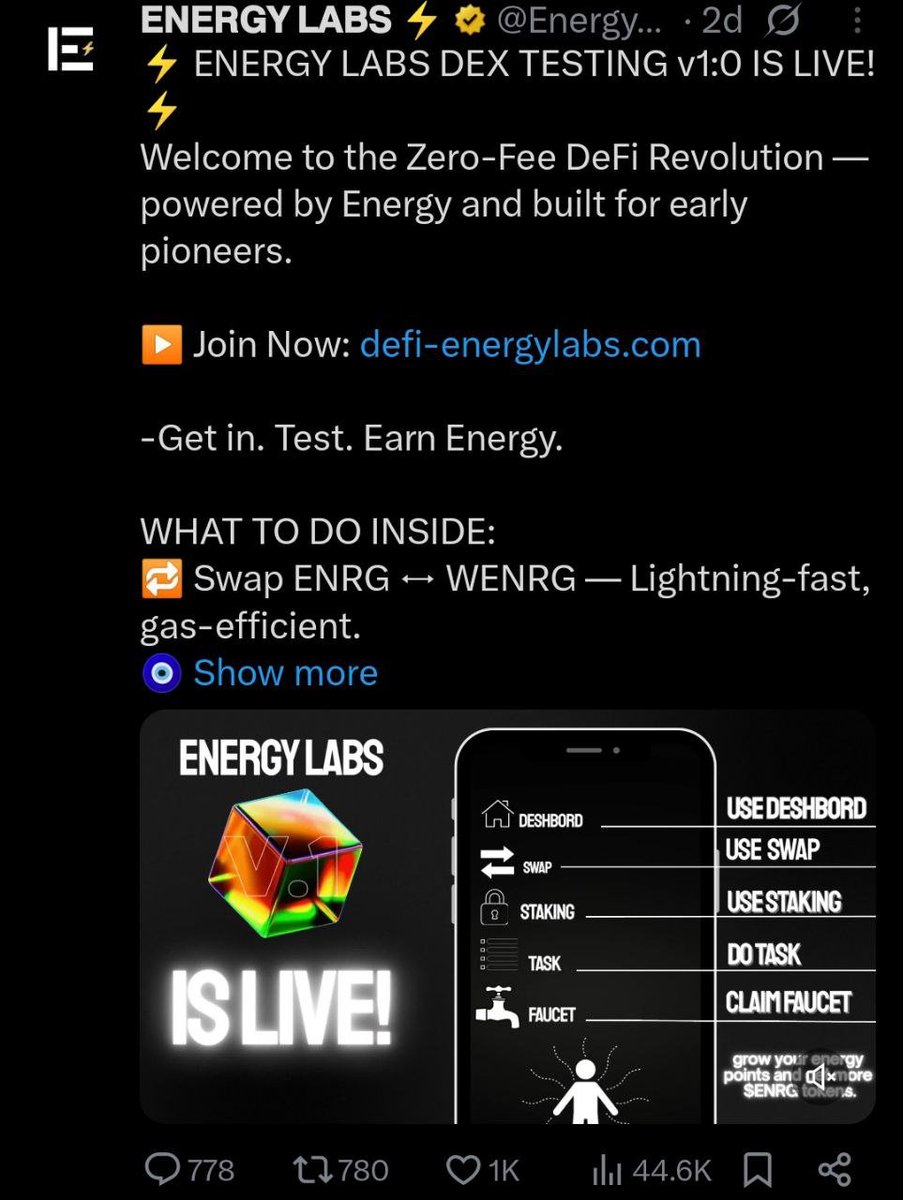 GA Crypto (@gacryptoo) on Twitter photo 💥 <a href="/Energy__Labs/">𝗘𝗡𝗘𝗥𝗚𝗬 𝗟𝗔𝗕𝗦 ⚡</a> Testnet Live ~ Confirmed Airdrop🪂
❔What is Energy Labs?
A powerful, gasless, zero-fee DEX that allows anyone to swap tokens with no gas and no swap fees.
💰$4M Fund Raised, Backed by Grayscale, Arista Networks,
🪂Confirmed Airdrop
🪙Earn Energy Points & Get 💥 <a href="/Energy__Labs/">𝗘𝗡𝗘𝗥𝗚𝗬 𝗟𝗔𝗕𝗦 ⚡</a> Testnet Live ~ Confirmed Airdrop🪂
❔What is Energy Labs?
A powerful, gasless, zero-fee DEX that allows anyone to swap tokens with no gas and no swap fees.
💰$4M Fund Raised, Backed by Grayscale, Arista Networks,
🪂Confirmed Airdrop
🪙Earn Energy Points & Get