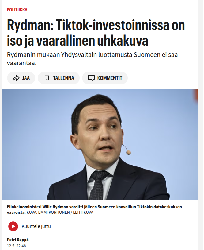 Samaa mieltä. Ymmärrän investointien tärkeyden, mutta tuollainen datakeskus syö sähköä paljon ja pohjavettä jäähdytykseen. Parempi katsoa, kuin katua. Käyttöikä +-10 vuotta tuollaisella keskuksella. Tuovat omat rakentaja ja ylläpitäjät. Eivät maksa veroja riittävästi. Suomi on