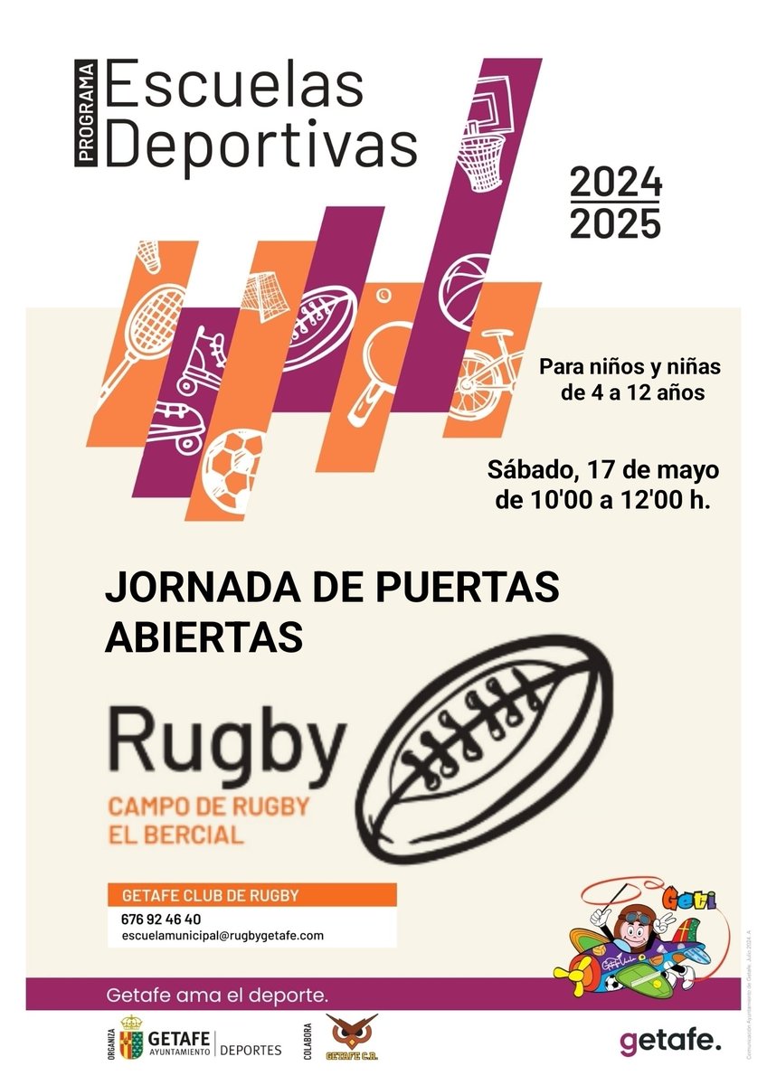 Deporte Getafe (@deportegetafe) on Twitter photo El próximo sábado de 10'00 a 12'00 h. no te pierdas la Jornada de Puertas Abiertas de la Escuela Deportiva de #Rugby que <a href="/GetafeCR/">Getafe Club de Rugby</a> celebrará en el Polideportivo El Bercial para niños y niñas de 4 a 12 años 🏉🔝
¡¡¡ TE ESPERAMOS !!! 😉
#Getafe #Deporte #DeporteenGetafe El próximo sábado de 10'00 a 12'00 h. no te pierdas la Jornada de Puertas Abiertas de la Escuela Deportiva de #Rugby que <a href="/GetafeCR/">Getafe Club de Rugby</a> celebrará en el Polideportivo El Bercial para niños y niñas de 4 a 12 años 🏉🔝
¡¡¡ TE ESPERAMOS !!! 😉
#Getafe #Deporte #DeporteenGetafe