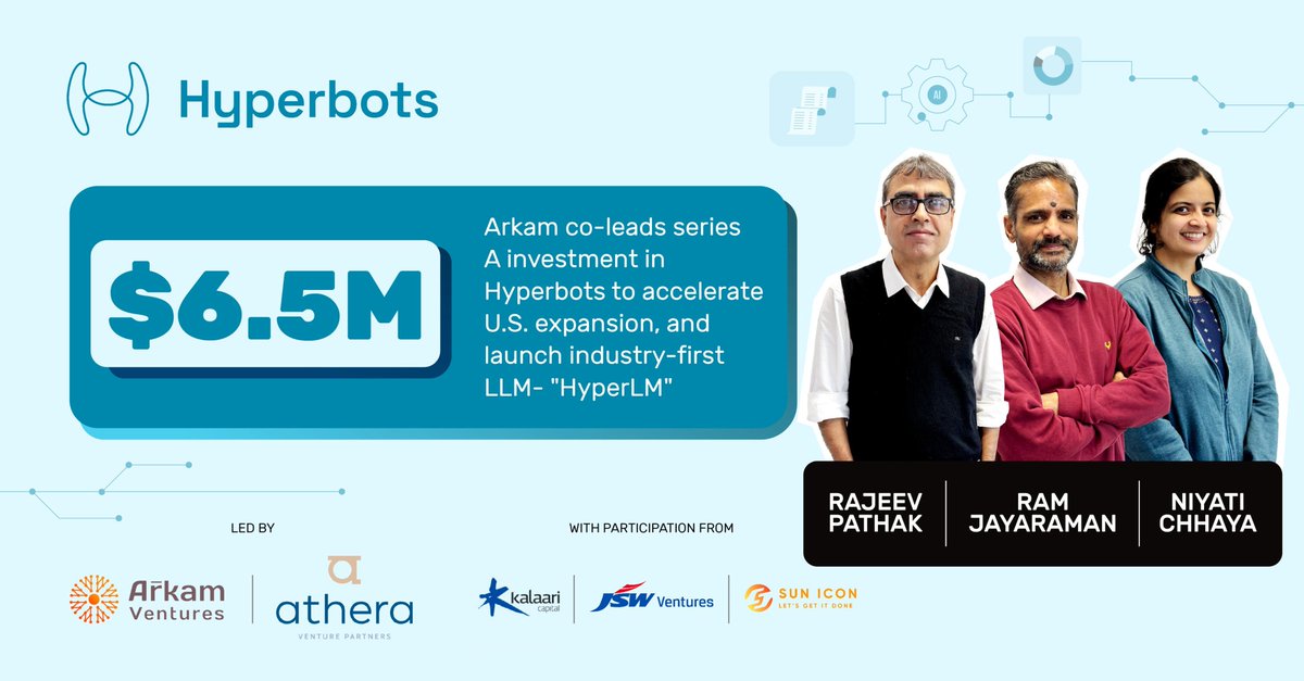 ArkamVC (@arkam_vc) on Twitter photo Automating the Future of Finance! 🤖
Excited to co-lead the $6.5M Series A in Hyperbots, transforming CFO offices with AI-powered co-pilots. Huge thanks to <a href="/AtheraVP/">Athera Venture Partners</a> <a href="/Kalaari/">Kalaari Capital</a> <a href="/JSWventures/">JSW Ventures</a> & <a href="/SUNiCON_VC/">SUNiCON Ventures</a> for joining us!
Read more here: entrepreneur.com/en-in/news-and… Automating the Future of Finance! 🤖
Excited to co-lead the $6.5M Series A in Hyperbots, transforming CFO offices with AI-powered co-pilots. Huge thanks to <a href="/AtheraVP/">Athera Venture Partners</a> <a href="/Kalaari/">Kalaari Capital</a> <a href="/JSWventures/">JSW Ventures</a> & <a href="/SUNiCON_VC/">SUNiCON Ventures</a> for joining us!
Read more here: entrepreneur.com/en-in/news-and…