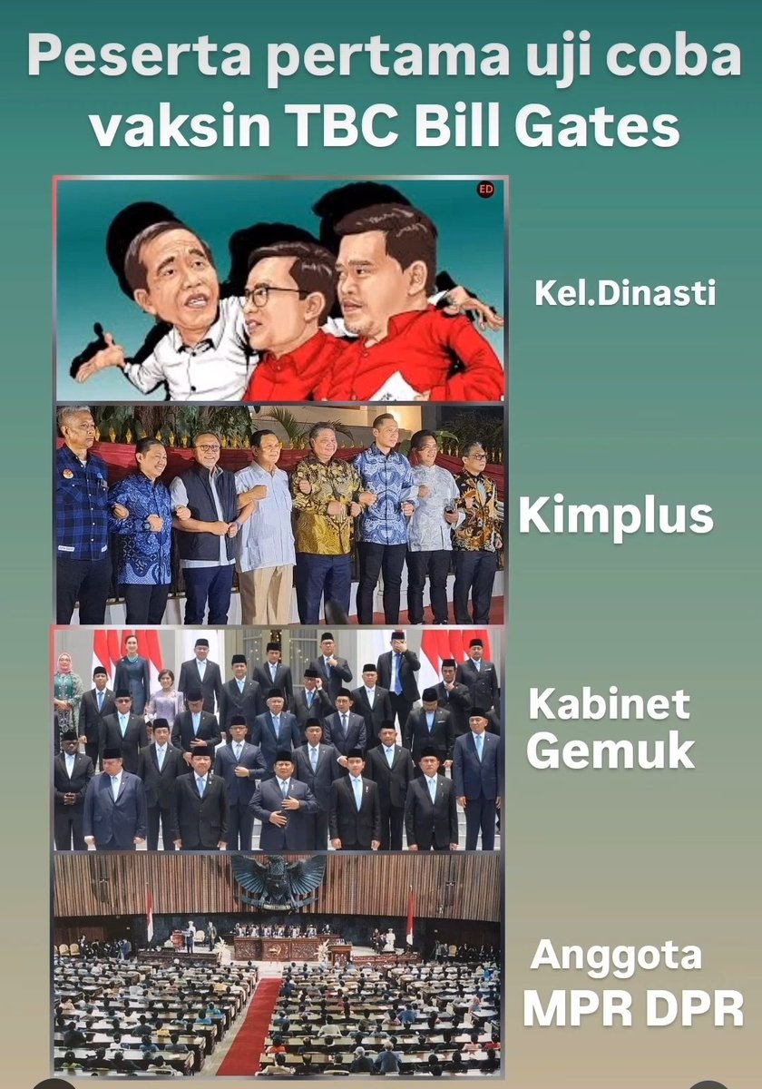 ¥@N'$ (@yaniarsim) on Twitter photo Dapat USD 159 juta dari <a href="/BillGates/">Bill Gates</a>
Ini daftar warga Indonesia yang bersedia diuji coba vaksin TBC.
1. Keluarga <a href="/jokowi/">Joko Widodo</a>
2. KIM-Plus
3. Kabinet gemuk
4. Anggota <a href="/DPR_RI/">DPR RI</a>
Kita mah ogah...🏃♂️➡️🏃♂️➡️🏃♂️➡️
#TolakUjiVaksinGates Dapat USD 159 juta dari <a href="/BillGates/">Bill Gates</a>
Ini daftar warga Indonesia yang bersedia diuji coba vaksin TBC.
1. Keluarga <a href="/jokowi/">Joko Widodo</a>
2. KIM-Plus
3. Kabinet gemuk
4. Anggota <a href="/DPR_RI/">DPR RI</a>
Kita mah ogah...🏃♂️➡️🏃♂️➡️🏃♂️➡️
#TolakUjiVaksinGates