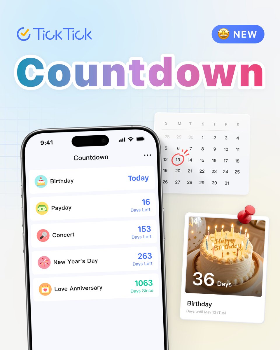 🎉Major Update: Countdown
Easily keep track of birthdays, anniversaries, exams, or deadlines with the new Countdown feature.

How to enable:
📱 Go to Settings > Tab Bar (mobile v7.6.00+)
💻 Go to Settings > Features (desktop v6.3.00+)

Learn more:  help.ticktick.com/articles/73214…