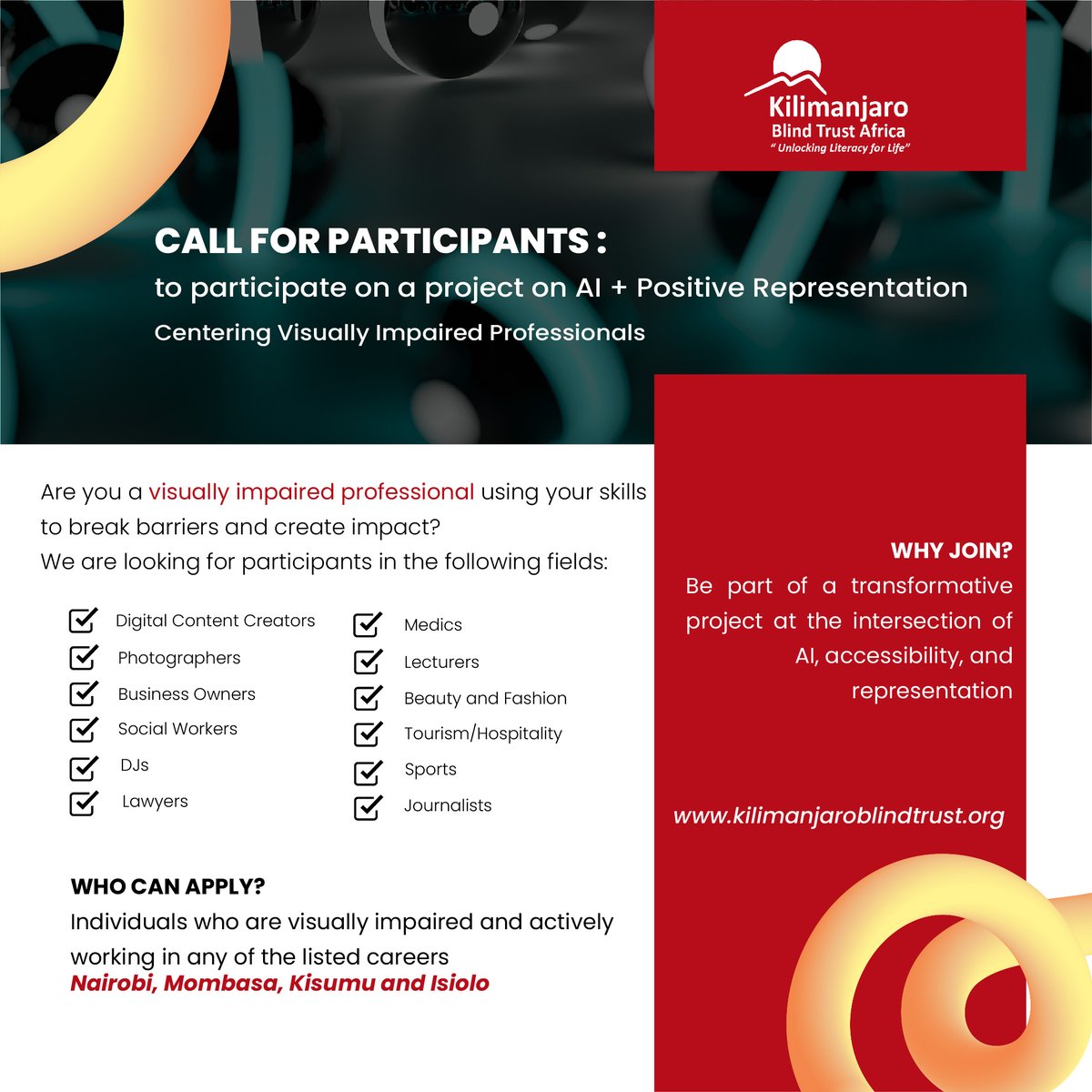 🚨 Call for Participants- AI project focused on accessibility &amp; positive representation!

Are you a visually impaired Digital Creator, Photographer, DJ, IT Tech, Biz Owner, Lecturer, or more?
📍 Nrb, MSA, KSM, Isiolo
📩 Apply: bit.ly/4kdM6a3

NB: Limited slots available