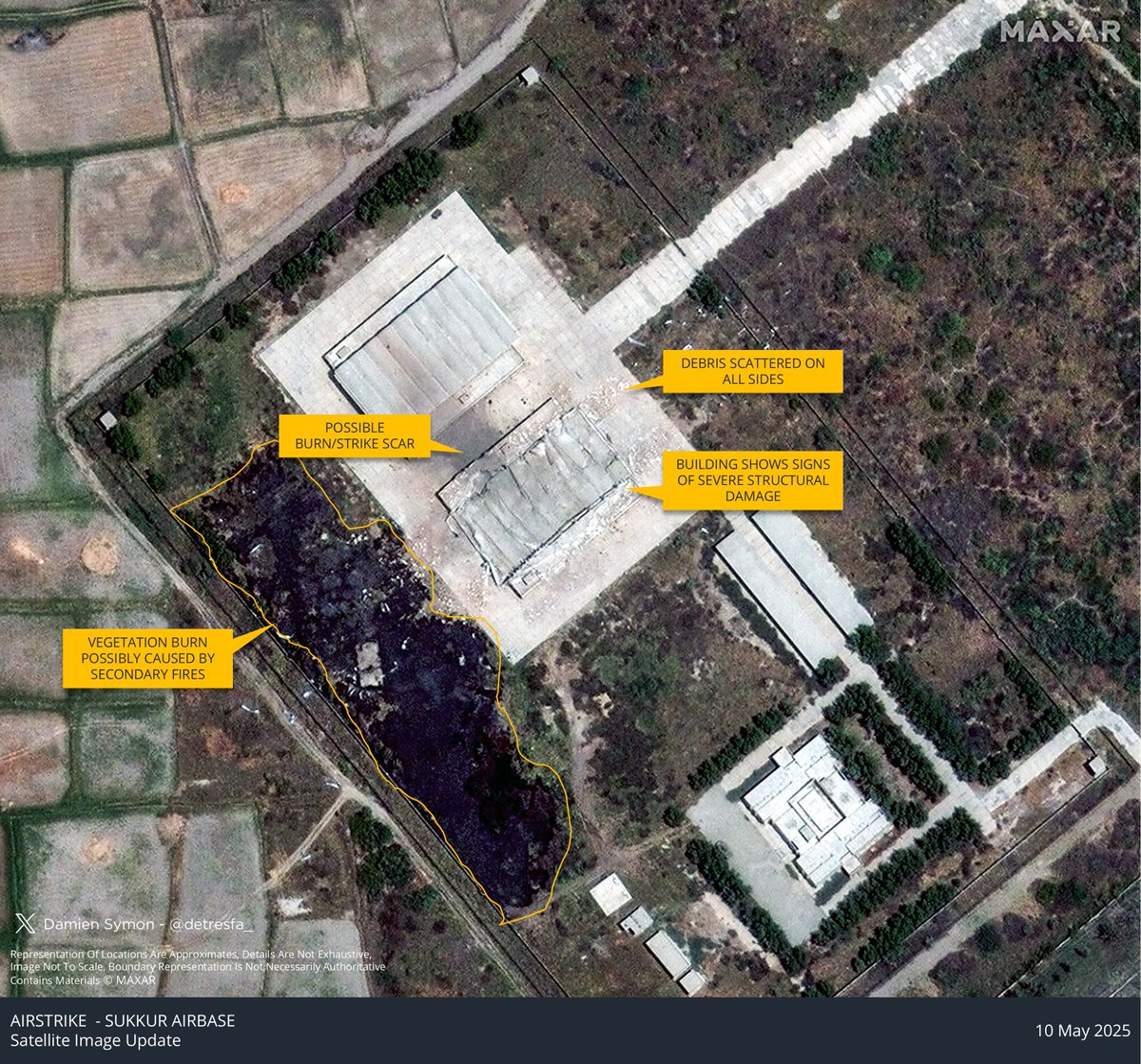Damien Symon (@detresfa_) on Twitter photo Imagery released by MAXAR/<a href="/VishnuNDTV/">Vishnu Som</a> spotlights damage at Pakistanโs Sukkur Airbase - the Indian Air Force strike appears to have caused severe structural damage to a likely UAV shelter/hangar, debris is also seen scattered all around Imagery released by MAXAR/<a href="/VishnuNDTV/">Vishnu Som</a> spotlights damage at Pakistanโs Sukkur Airbase - the Indian Air Force strike appears to have caused severe structural damage to a likely UAV shelter/hangar, debris is also seen scattered all around