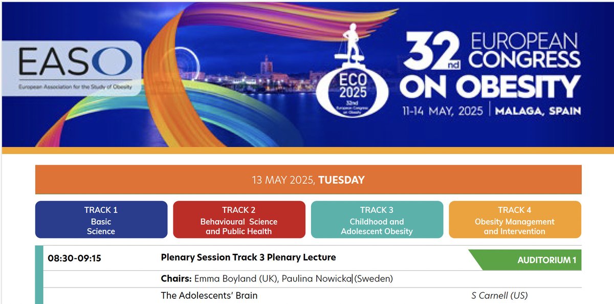 EASO_President (@easopresident) on Twitter photo #ECO2025 begins at 08:30 with the Plenary Lecture: The Adolescent Brain in Auditorium 1
Join co-chairs <a href="/EmmaBoyland/">Prof. Emma Boyland</a> and <a href="/Prof_P_Nowicka/">Paulina Nowicka</a> and learn more about this important topic.
<a href="/EASOobesity/">EASO</a> <a href="/ECPObesity/">ECPO</a> #ECO2025 begins at 08:30 with the Plenary Lecture: The Adolescent Brain in Auditorium 1
Join co-chairs <a href="/EmmaBoyland/">Prof. Emma Boyland</a> and <a href="/Prof_P_Nowicka/">Paulina Nowicka</a> and learn more about this important topic.
<a href="/EASOobesity/">EASO</a> <a href="/ECPObesity/">ECPO</a>