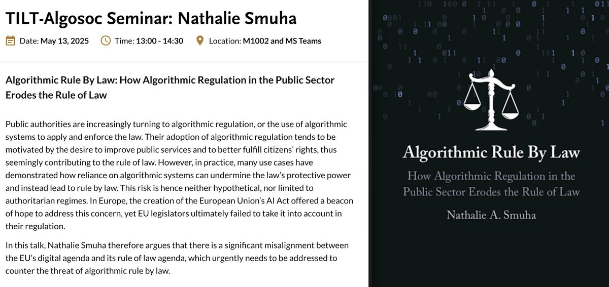 Nathalie Smuha (@nathaliesmuha) on Twitter photo Very excited to be presenting my book #AlgorithmicRulebyLaw today <a href="/TilburgU_TILT/">Tilburg Institute for Law, Technology, and Society</a> - especially since so many TILT researchers helped inspire this book through their own work!
We'll discuss #AI's use in the public sector and its impact on the rule of law: tilburguniversity.edu/about/schools/… Very excited to be presenting my book #AlgorithmicRulebyLaw today <a href="/TilburgU_TILT/">Tilburg Institute for Law, Technology, and Society</a> - especially since so many TILT researchers helped inspire this book through their own work!
We'll discuss #AI's use in the public sector and its impact on the rule of law: tilburguniversity.edu/about/schools/…