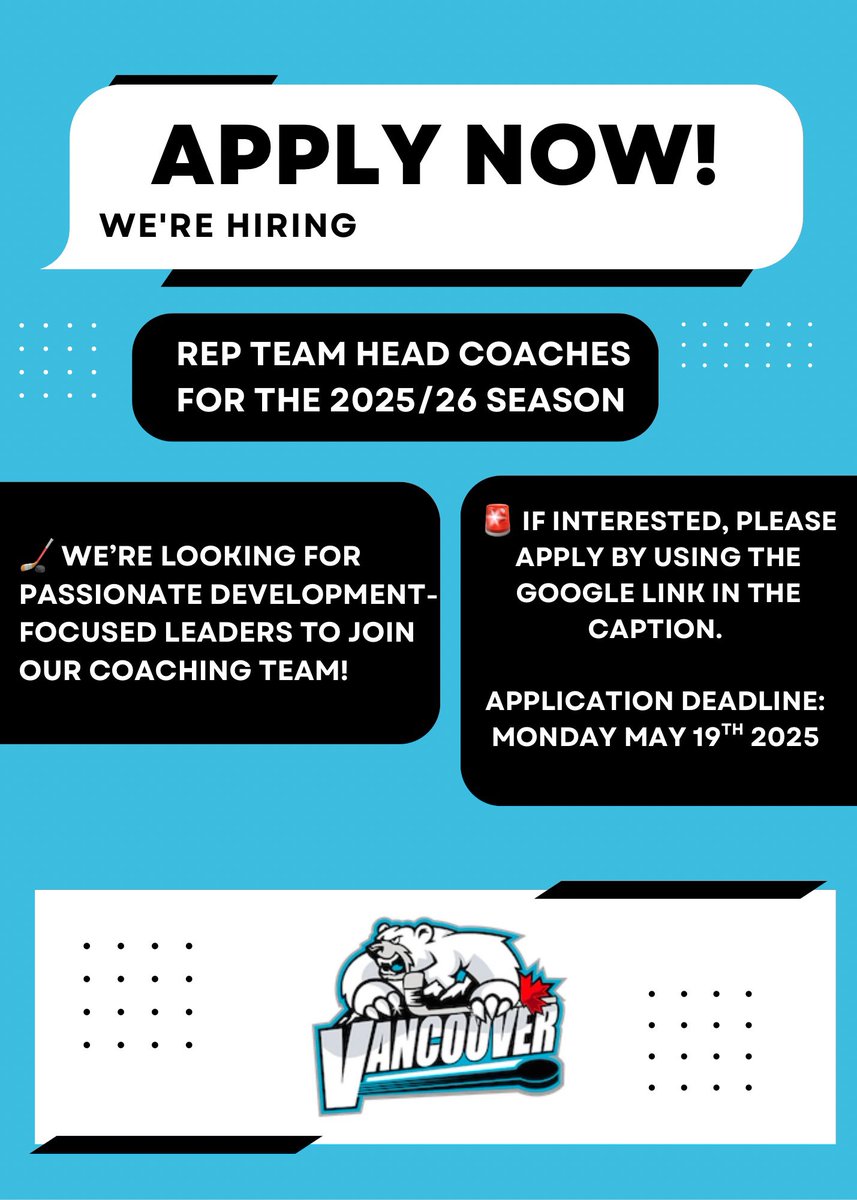 VMHA is now accepting applications for Rep Team Head Coaches for the 2025/26 season! 
If you're interested, please submit your coaching application using the Google Form: forms.gle/fxWNyxb6L4Y2DY…

Deadline to apply: Monday, May 19th, 2025. 

We look forward to hearing from you!