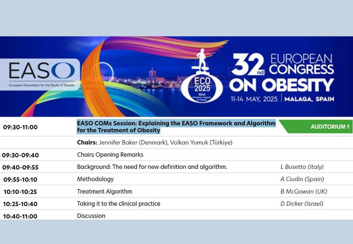 EASO (@easoobesity) on Twitter photo Jennifer Baker & @EASOPresident co-chair the next session, 'EASO COMs Session: Explaining the EASO Framework and New Algorithm for the Treatment of Obesity' in Auditorium 1 at 9:30
Join the conversation w/ <a href="/busetto_luca/">Luca Busetto</a> and <a href="/AndreeaCiudin1/">Andreea Ciudin</a>
#ECO2025 Jennifer Baker & @EASOPresident co-chair the next session, 'EASO COMs Session: Explaining the EASO Framework and New Algorithm for the Treatment of Obesity' in Auditorium 1 at 9:30
Join the conversation w/ <a href="/busetto_luca/">Luca Busetto</a> and <a href="/AndreeaCiudin1/">Andreea Ciudin</a>
#ECO2025
