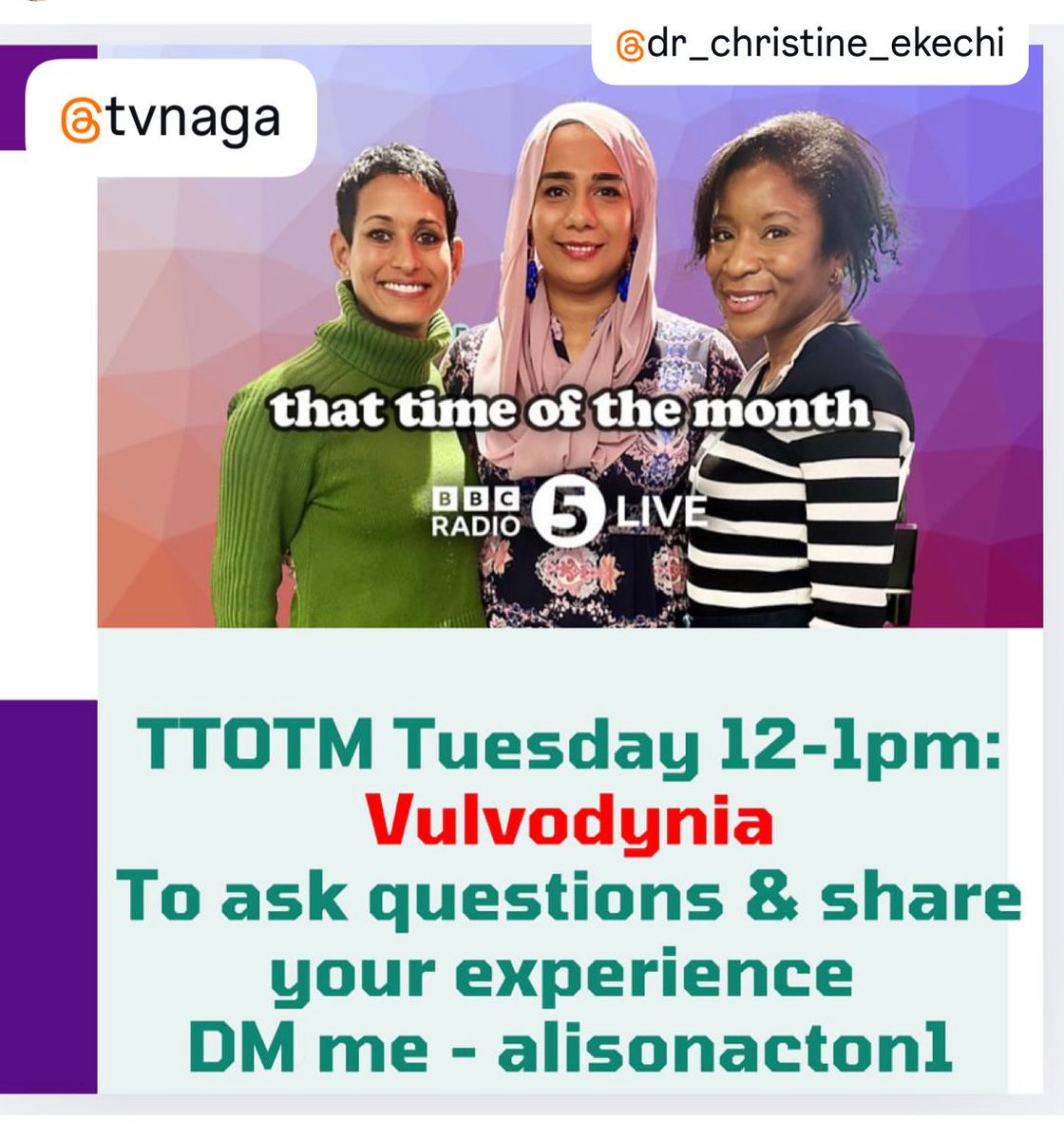 π«π π΅πππππ π¨πππ (@drnighatarif) on Twitter photo Join us today on <a href="/bbc5live/">BBC Radio 5 Live</a> for our incredible show βThat Time of The Monthβ where we will be discussing all things #Vulvodynia which affects between 7-16% of women of all ages, including adolescents
<a href="/TVNaga01/">Naga Munchetty</a> <a href="/DrEkechi/">Dr Christine Ekechi</a> <a href="/alisonacton/">Alison Acton</a> Join us today on <a href="/bbc5live/">BBC Radio 5 Live</a> for our incredible show βThat Time of The Monthβ where we will be discussing all things #Vulvodynia which affects between 7-16% of women of all ages, including adolescents
<a href="/TVNaga01/">Naga Munchetty</a> <a href="/DrEkechi/">Dr Christine Ekechi</a> <a href="/alisonacton/">Alison Acton</a>