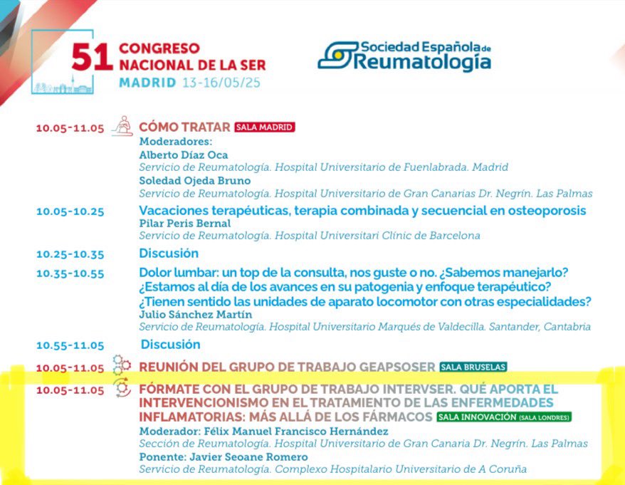 Mañana da comienzo el congreso #SER2025 de <a href="/SEReumatologia/">Soc.Esp.Reumatología</a>
 en Madrid.

Si quieres descubrir cómo mejorar la calidad de vida de los pacientes con enfermedades inflamatorias…más allá de los fármacos. Te invitamos a la sesión del grupo de trabajo INTERVSER ❤️

🗓️ Jueves 15, 10:05