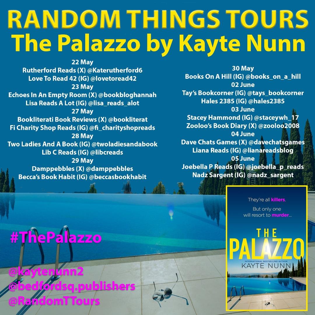 Hannah | Echoesinanemptyroom (@bookbloghannah) on Twitter photo Today I am on the blog tour for The Palazzo by Kayte Nunn
here are my thoughts:
echoesinanemptyroom.com/2025/05/23/the…
Thank you to <a href="/RandomTTours/">Random Things Tours 🇺🇦</a> <a href="/bedsqpublishers/">Bedford Square Publishers</a> for sending me a copy.
#ThePalazzo
Check out other bloggers on this tour here: Today I am on the blog tour for The Palazzo by Kayte Nunn
here are my thoughts:
echoesinanemptyroom.com/2025/05/23/the…
Thank you to <a href="/RandomTTours/">Random Things Tours 🇺🇦</a> <a href="/bedsqpublishers/">Bedford Square Publishers</a> for sending me a copy.
#ThePalazzo
Check out other bloggers on this tour here:
