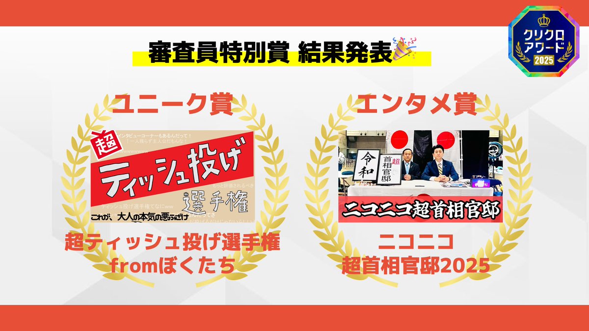 chokaigi_PR's tweet image. /
出展者に「好き」を届ける💐
#クリクロアワード2025 結果発表!
\
受賞されたみなさま、おめでとうございます🎉
誰がどの賞を受賞したのかは画像をチェック👀
さらに、ノミネート出展者の
インタビュー記事を後日公開予定✨
お楽しみに!
#ニコニコ超会議2025