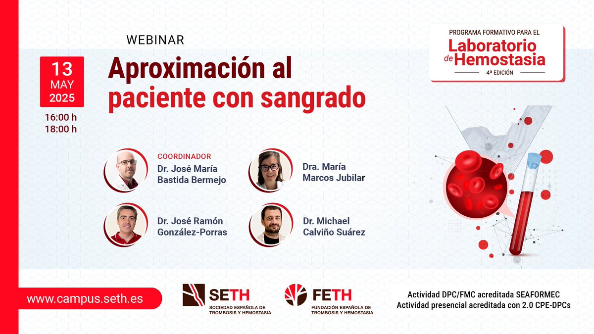 🚨Hoy a las 16:00 h, conéctate al webinar #SETH “Aproximación al paciente con sangrado”.

🗨️ Hablamos sobre pruebas diagnósticas, estudios básicos de #hemostasia y el papel de la inteligencia artificial en los test de #laboratorio.

🧑‍⚕️<a href="/JMBastidaB/">JM Bastida</a>, <a href="/IBSAL_IIS/">IBSAL</a> 
👩‍⚕️<a href="/JubilarM/">María M-Jubilar</a>,