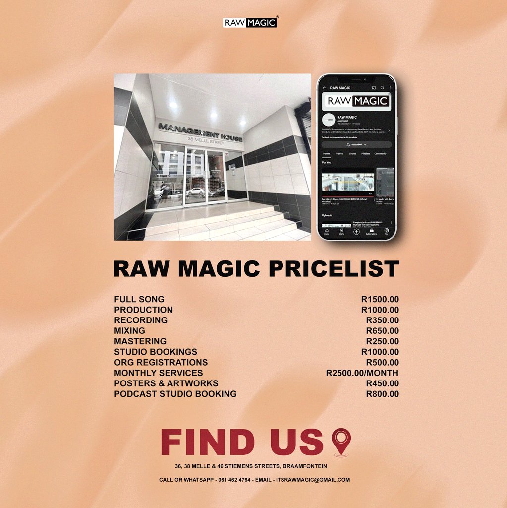 Affordable prices for Artists and Creatives.
Hit us up, Let's Create Magic!
Now Open in Braamfontein. 

itsrawmagic@gmail.com or +27 61 462 4764

#RAWMAGICForever #RAWMAGIC