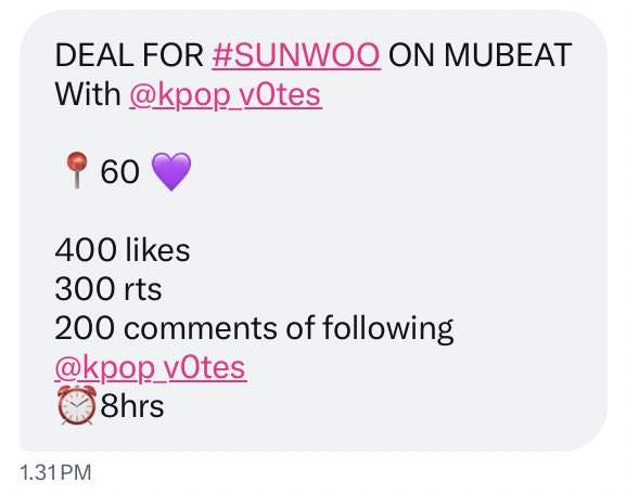 vibeswithenha's tweet photo. DEAL FOR #SUNOO ON MUBEAT
With @kpop_v0tes 

📍60 💜

400 likes
300 rts
200 comments of following @kpop_v0tes 
⏰️8hrs https://t.co/ItQDGdxv4Q