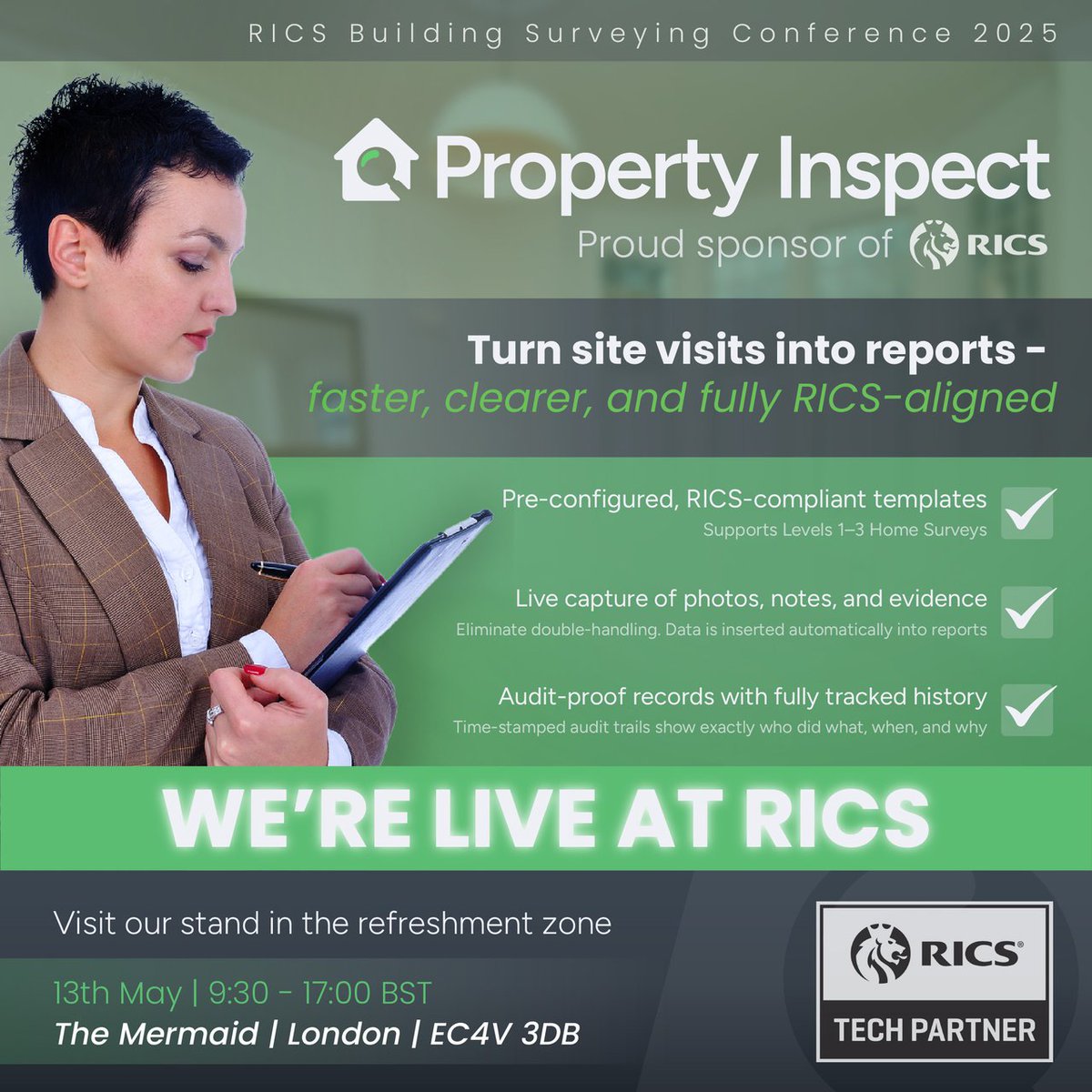 🚨 RICS Building Surveying Conference 2025 is live today!

✅ RICS-ready reports
📸 Live evidence capture
🕓 Audit-ready records

📍 Find us in the refreshment area
🗓️ 13 May | 9:30–17:00 BST
🔗 propertyinspect.com

#Surveyors #PropTech #Compliance #RICS