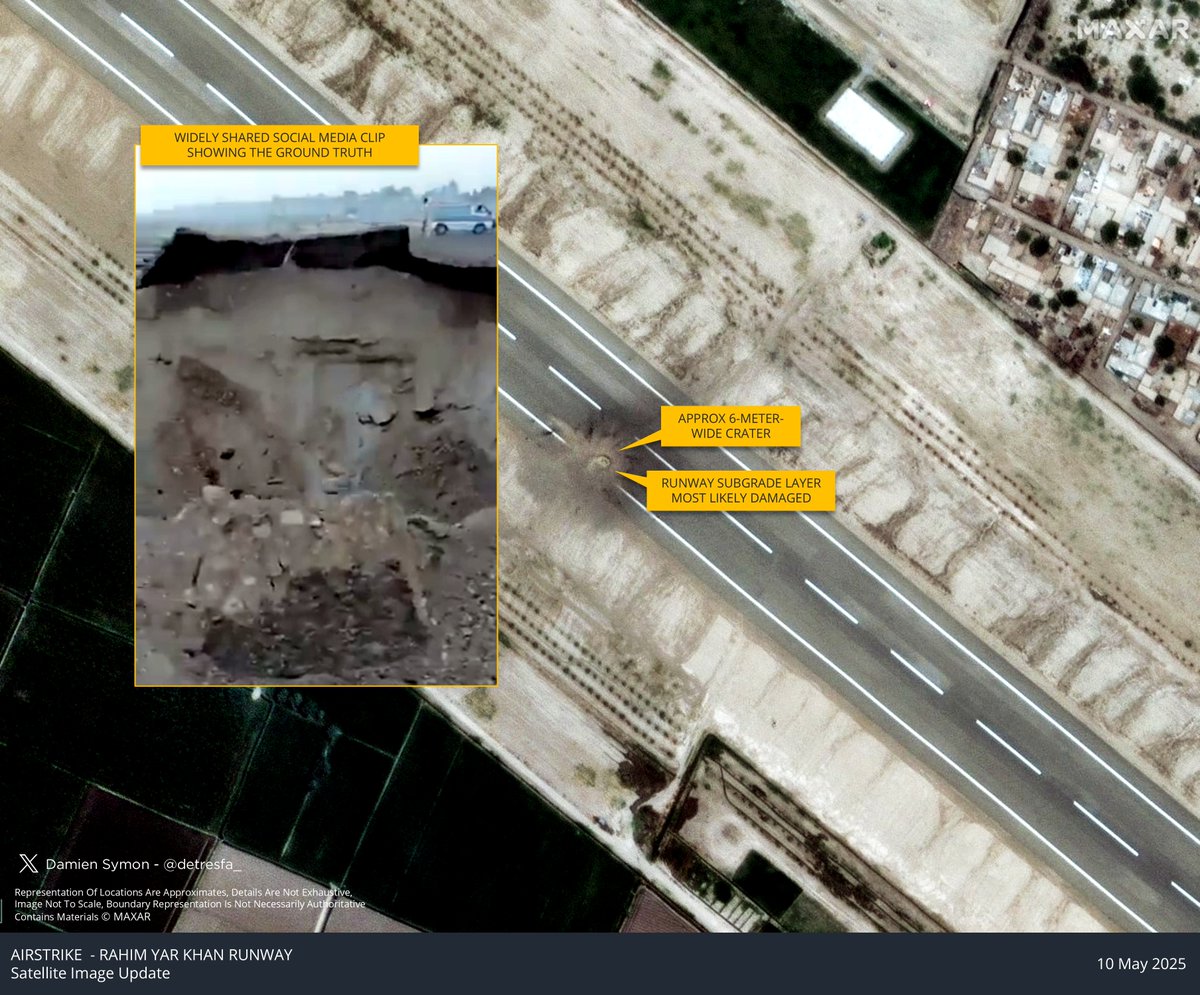 Damien Symon (@detresfa_) on Twitter photo Imagery released by MAXAR/ <a href="/VishnuNDTV/">Vishnu Som</a> spotlights damage at Pakistanโs Rahim Yar Khan airfield - the Indian Air Force strike showcases runway denial capability, an approximate 6-meter wide crater reveals the exposed subgrade layer rendering the strip inoperable Imagery released by MAXAR/ <a href="/VishnuNDTV/">Vishnu Som</a> spotlights damage at Pakistanโs Rahim Yar Khan airfield - the Indian Air Force strike showcases runway denial capability, an approximate 6-meter wide crater reveals the exposed subgrade layer rendering the strip inoperable