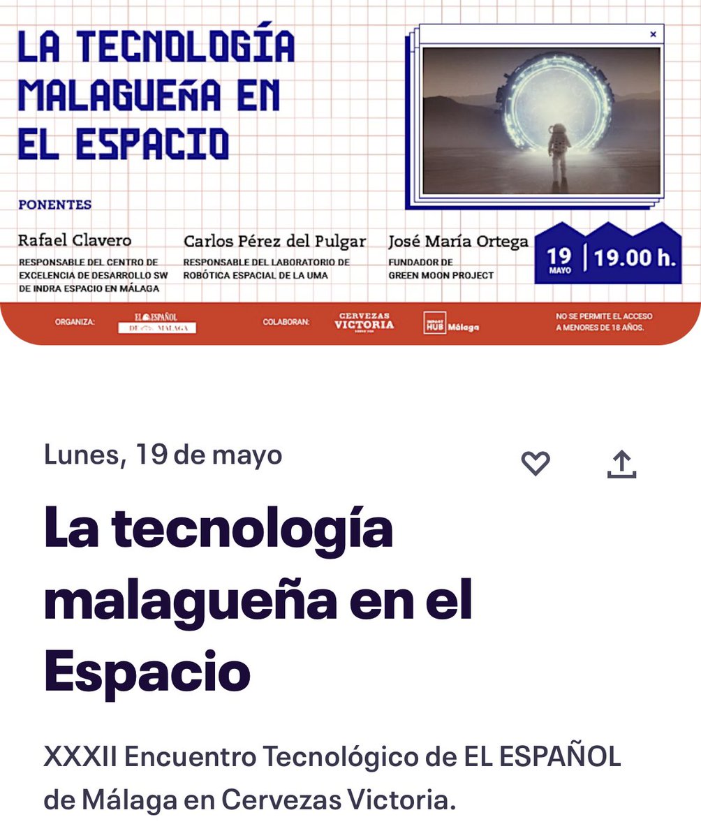 Green Moon Project (@greenmoonp) on Twitter photo 🛰️🌱 “La tecnología malagueña en el Espacio”. 🌌 Éste será el XXXII Encuentro Tecnológico de <a href="/malaga_ee/">EL ESPAÑOL de Málaga</a> en <a href="/CervezaVictoria/">Cervezas Victoria</a> el próximo lunes 19 de mayo a las 19h. 🚀
#Málaga y #Espacio. ¡Consigue tu entrada para el próximo lunes aquí!: eventbrite.es/e/entradas-la-… 🛰️🌱 “La tecnología malagueña en el Espacio”. 🌌 Éste será el XXXII Encuentro Tecnológico de <a href="/malaga_ee/">EL ESPAÑOL de Málaga</a> en <a href="/CervezaVictoria/">Cervezas Victoria</a> el próximo lunes 19 de mayo a las 19h. 🚀
#Málaga y #Espacio. ¡Consigue tu entrada para el próximo lunes aquí!: eventbrite.es/e/entradas-la-…