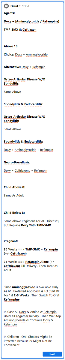 SultanAlho27368's tweet photo. @md1talk Brucella Tx:

Doxy
Genta
Refampin
Bactrim
Ceftriaxone

Always Start 1+2, Then Replace 2 By 3

Spondylitis &amp; IE &amp; CNS = Serious Infection => Use All 3 Initially

BUT In CNS, Use 5 Instead Of 2 (Better Availability)

Age<8: Same Above, But Use 4 Instead Of 1

Pregnent: Avoid 1,2,4 https://t.co/haJkqiO29V