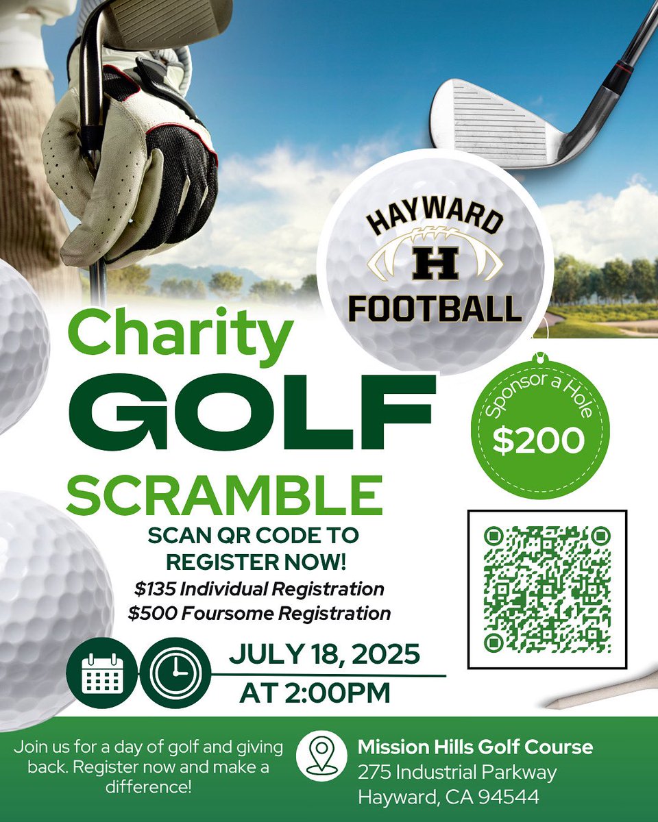The Hayward Football program is excited to host our Annual Charity Golf Scramble on Friday July 18th🤘

Register TODAY by scanning the QR code on the flyer or clicking the link❗️ 

events.hometownticketing.com/boxoffice/hayw…

#madeinhayward #letsfarm #golfscramble #9hole