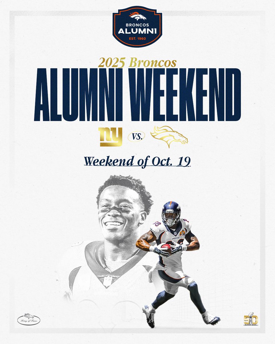 Alumni weekend is set. ✍️

We can't wait to celebrate D.T.'s #BroncosROF induction and the 10-year anniversary of #SB50 in Week 7 vs. the Giants! 🏆