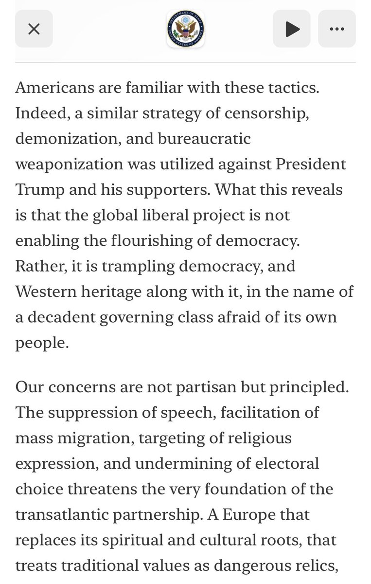 So apparently the State Department has a Substack and they are absolutely cooking 

“The global liberal project is not enabling democracy. Rather, it is trampling democracy, and Western heritage along with it, in the name of a decadent governing class afraid of its own people.”