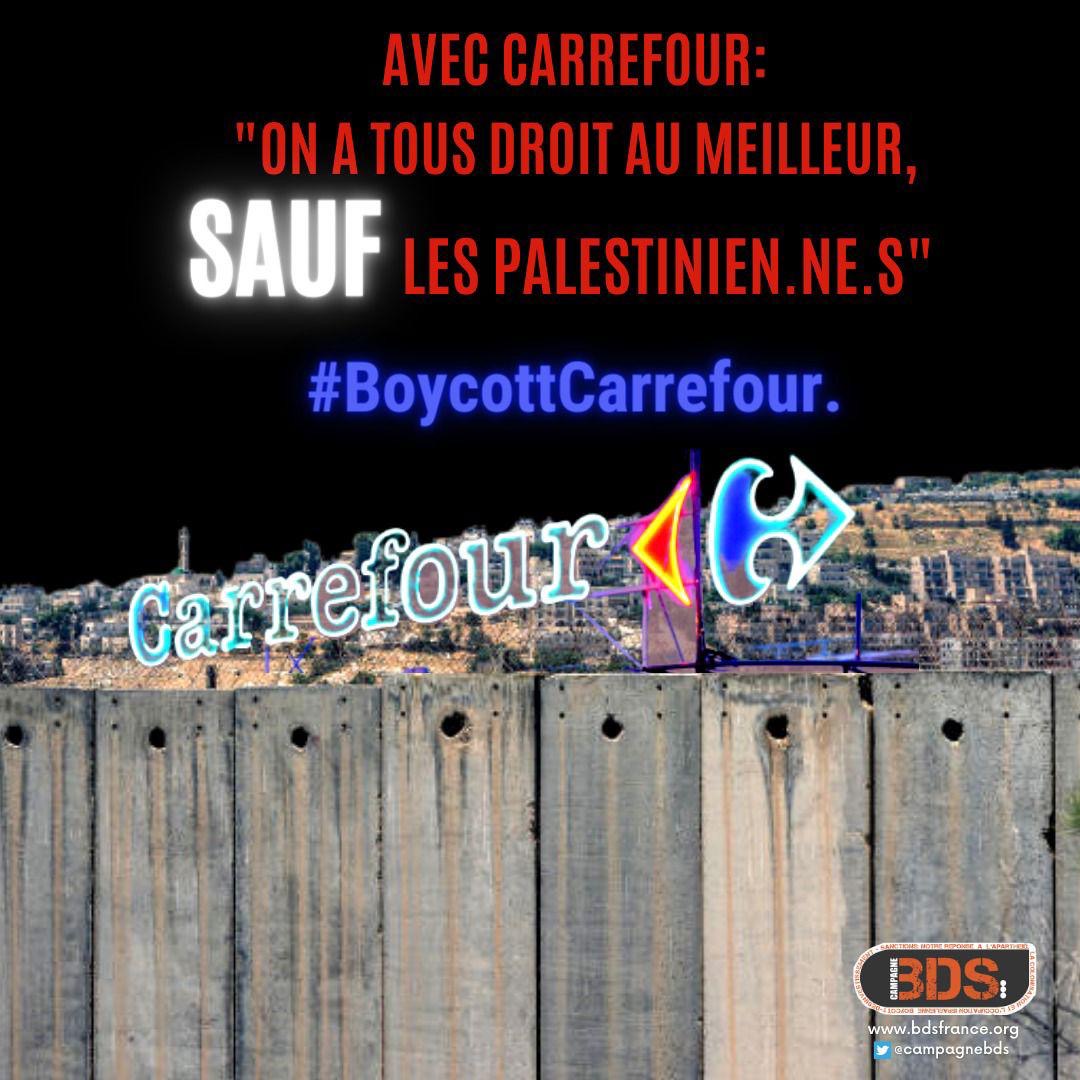 Bien qu'il ait assuré à ses actionnaires ne pas avoir de magasins en Cisjordanie occupée, <a href="/CarrefourGroup/">Carrefour</a> possède au moins une succursale à Modi'in-Maccabim-Re'ut dans une colonie en Cisjordanie illégalement occupée, d'après l'ONU. #BoycottCarrefour <a href="/bompard/">Alexandre Bompard</a>