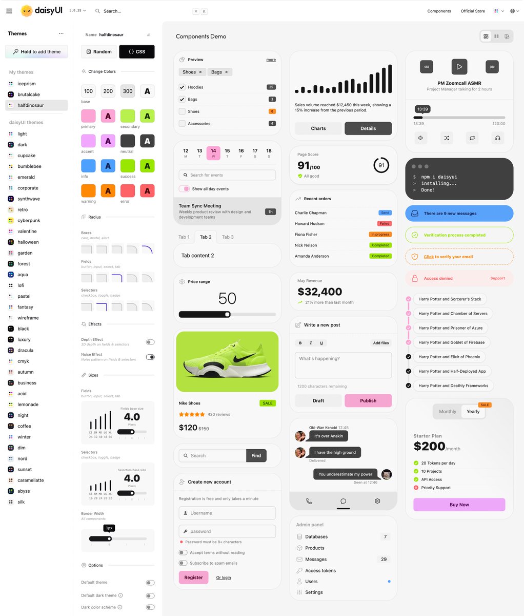 Saadeghi's tweet image. daisyUI theme generator
Last year:
- you could change colors
Now:
- change colors, radius, sizes, borders, effects, ...
- save themes
- customize built-in themes
- share themes
- see color accessibility score