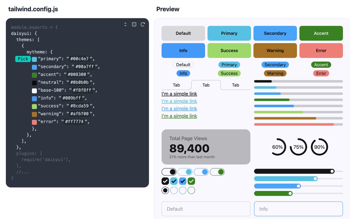 Saadeghi's tweet image. daisyUI theme generator
Last year:
- you could change colors
Now:
- change colors, radius, sizes, borders, effects, ...
- save themes
- customize built-in themes
- share themes
- see color accessibility score