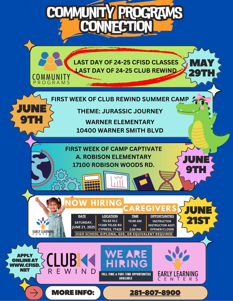 Melissa Lester (@cfisdmelissa) on Twitter photo ๐ฅ Summerโs starting to heat up in <a href="/CyFairISD/">Cypress-Fairbanks ISD</a>, and we're bringing the fun, the camps, and the career opportunities!๐ผ
โ๏ธ Whether youโre job hunting or just counting down to Jurassic Journey โ <a href="/CFISDCOMMPROG/">CFISD COMMUNITY PROGRAMS</a> has you covered this summer! โ๏ธ
#CFISDspirit #PathToAmazing ๐ฅ Summerโs starting to heat up in <a href="/CyFairISD/">Cypress-Fairbanks ISD</a>, and we're bringing the fun, the camps, and the career opportunities!๐ผ
โ๏ธ Whether youโre job hunting or just counting down to Jurassic Journey โ <a href="/CFISDCOMMPROG/">CFISD COMMUNITY PROGRAMS</a> has you covered this summer! โ๏ธ
#CFISDspirit #PathToAmazing