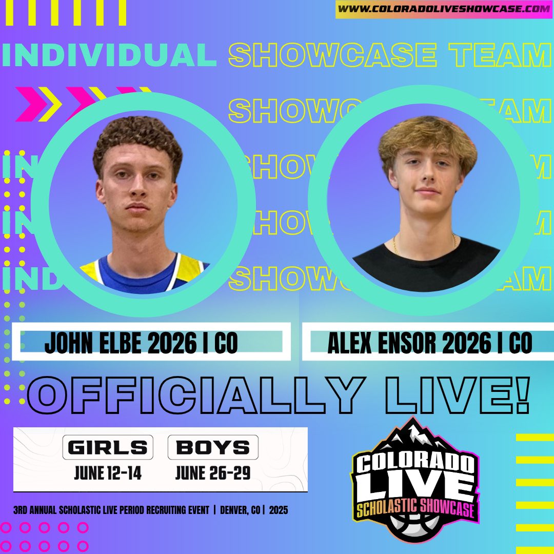 ColoradoLive_SS's tweet photo. 🚨OFFICIALLY LIVE‼️🏀🏔️ 

Welcome to Colorado Live Boys Individual Showcase Team!!

John Elbe (2026)I 🔥
Alex Ensor (2026)I 🔥

“Where Future ⭐️’s Make Their Name” 

📍 Denver, CO
📆 June 26-29th
⏳ Open Registration until Friday June 6th
💻 https://t.co/QbCahg8kja ⬅️✅ https://t.co/J8zOU8BRdl