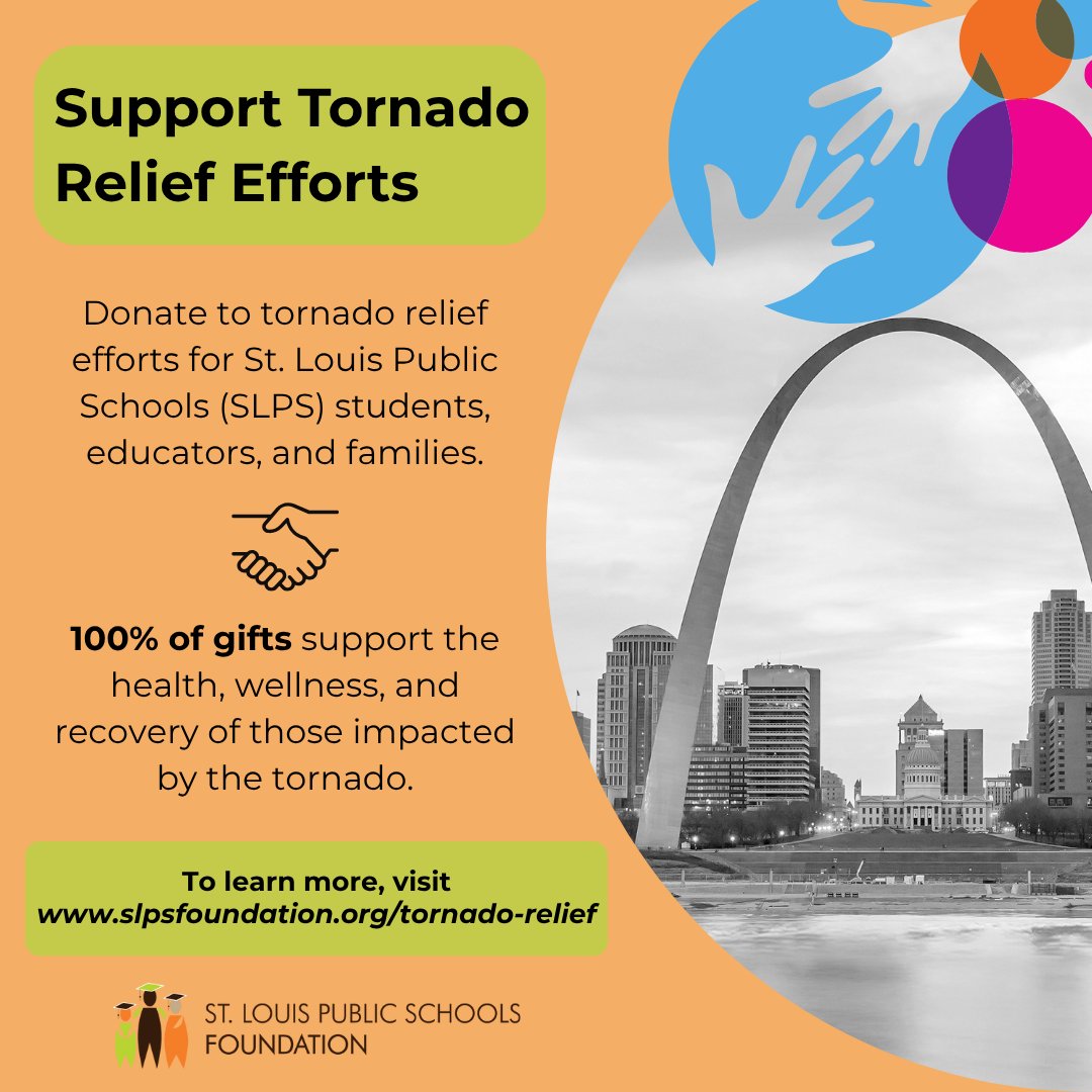 StlEdFund's tweet image. 100% of gifts will go toward supporting the health, wellness, and recovery of SLPS students, educators, and families. 

Learn more and donate to relief efforts at slpsfoundation.org/tornado-relief