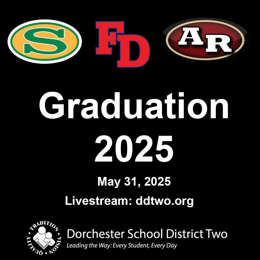 DDTwo high school graduation ceremonies will be held on Saturday, May 31, 2025 at the North Charleston Coliseum:
🎓 Fort Dorchester High: 9:00 a.m.
🎓 Ashley Ridge High: 2:00 p.m.
🎓 Summerville High: 7:00 p.m.
livestream: stagefront.eduvision.tv/LiveEvents