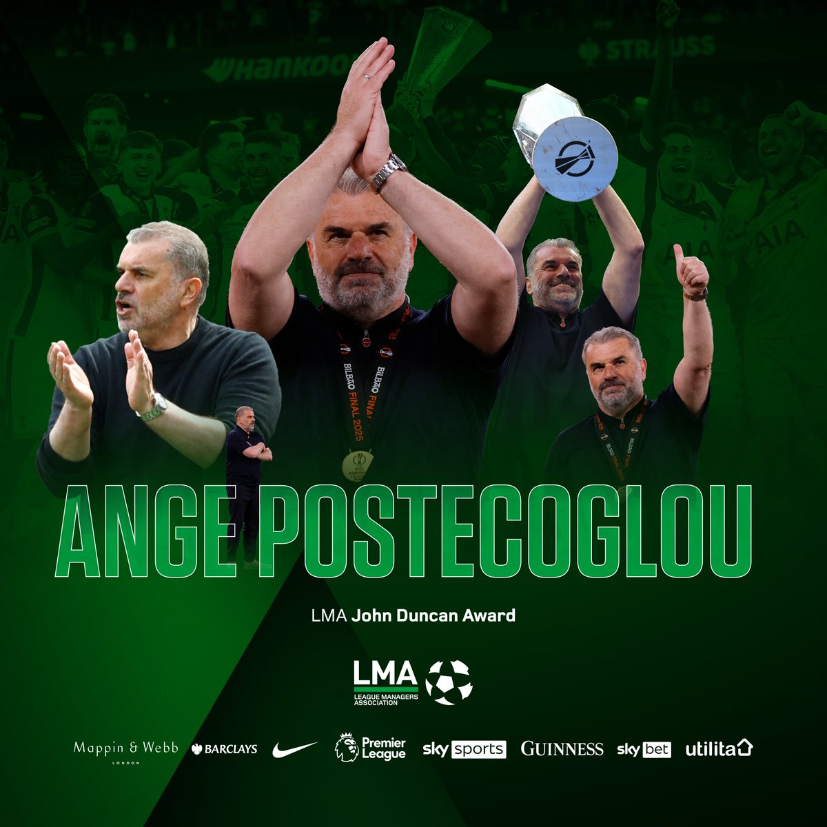 LMA (@lma_managers) on Twitter photo Congratulations to <a href="/SpursOfficial/">Tottenham Hotspur</a> Manager Ange Postecoglou on receiving the John Duncan Award!
In presenting this award, the LMA recognises those who have achieved historic and notable successes for their clubs this season.
#LMAAnnualAwards | @skysports Congratulations to <a href="/SpursOfficial/">Tottenham Hotspur</a> Manager Ange Postecoglou on receiving the John Duncan Award!
In presenting this award, the LMA recognises those who have achieved historic and notable successes for their clubs this season.
#LMAAnnualAwards | @skysports