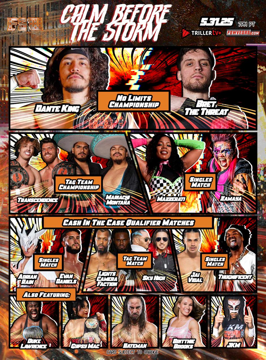 THIS SATURDAY on <a href="/Triller_TV/">TrillerTV</a>+!

FSW Calm Before The Storm
This Saturday, May 31, 7PM
FSW Arena | #LasVegas 

𝙁𝙚𝙖𝙩𝙪𝙧𝙞𝙣𝙜
Two Championship Matches, Three Cash in the Case Ladder Match Qualifiers + more! 

Tickets + Streaming links in our bio!