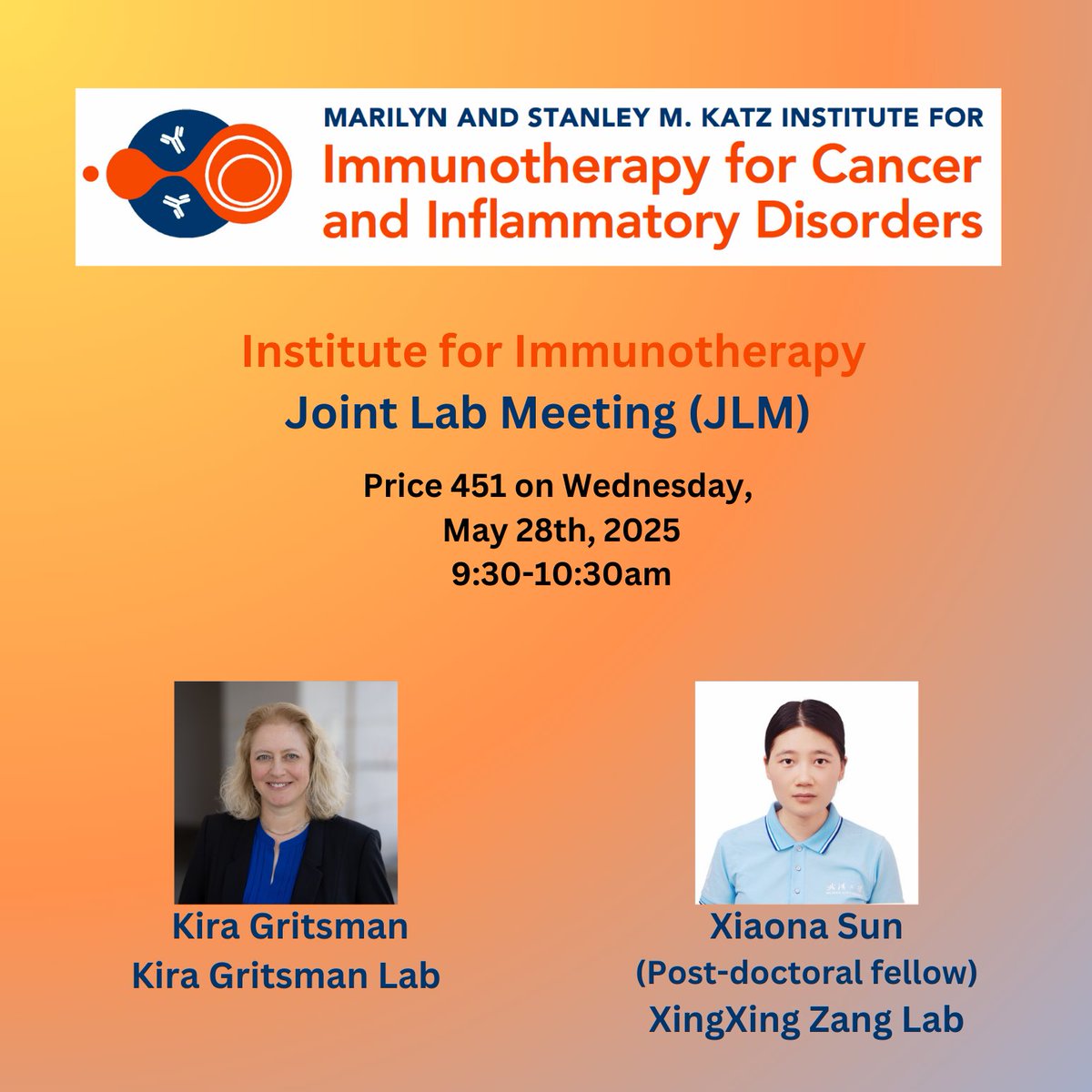 Katz Institute for Immunotherapy (@ifi_einstein) on Twitter photo You're Invited: IFI-JLM Scientific Session!!
📅 Date: May 28th
🧪 Featured Topics: #AML & #Immunotherapy
Speakers: Kira Gritsman from <a href="/Gritsman_lab/">Kira Gritsman</a> & Xiaona Sun form <a href="/xingxing_zang/">XingXing Zang</a> Lab)
<a href="/EinsteinPhD/">EinsteinPhD</a>
<a href="/ae_cancercenter/">ME Cancer Center</a>
<a href="/EinsteinMSTP/">EinsteinMSTP</a>
<a href="/EinsteinMed/">Albert Einstein College of Medicine - Official</a>
<a href="/MontefioreNYC/">Montefiore Health System</a>
<a href="/EinsteinCellBio/">EinsteinCellBio</a> You're Invited: IFI-JLM Scientific Session!!
📅 Date: May 28th
🧪 Featured Topics: #AML & #Immunotherapy
Speakers: Kira Gritsman from <a href="/Gritsman_lab/">Kira Gritsman</a> & Xiaona Sun form <a href="/xingxing_zang/">XingXing Zang</a> Lab)
<a href="/EinsteinPhD/">EinsteinPhD</a>
<a href="/ae_cancercenter/">ME Cancer Center</a>
<a href="/EinsteinMSTP/">EinsteinMSTP</a>
<a href="/EinsteinMed/">Albert Einstein College of Medicine - Official</a>
<a href="/MontefioreNYC/">Montefiore Health System</a>
<a href="/EinsteinCellBio/">EinsteinCellBio</a>